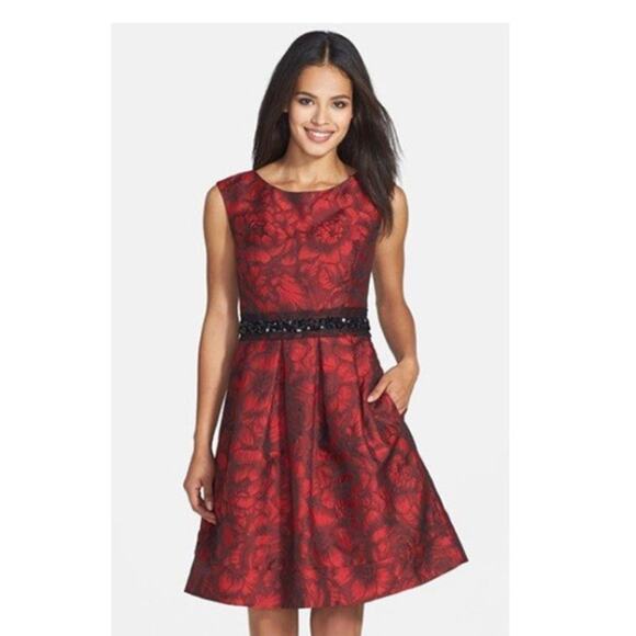 Eliza J Red Burgandy Embellished Waist dress w pockets Valentines Day ! sz 10 - Picture 1 of 11